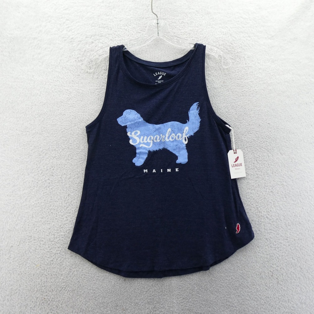League Tank Top Womens Medium Sugarloaf Maine Dog Graphic Navy Blue Sleeveless